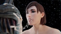 2girls 3d 3d_(artwork) 3d_model asari blue_skin commander_shepard cum cum_in_mouth cum_on_face cum_string cum_swap femshep freckles green_eyes jane_shepard mass_effect meditating meditation open_mouth red_hair rotosama samara sleep_molestation sleeping tongue_out