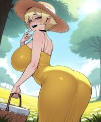 11_22 ai_generated big_ass big_breasts big_butt black_choker blonde_hair blue_eyes blush choker day dress female flower from_behind from_below genderswap_(mtf) huge_breasts kris_(11_22) large_ass large_breasts large_butt looking_at_viewer looking_back oc open_mouth original original_character outdoors picnic rule_63 short_hair smile straw_hat sun_hat sundress sweat thick_thighs tomboy tree wide_hips yellow_dress