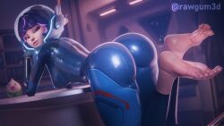 3d asian barefoot big_ass blizzard_entertainment blue_bodysuit bodysuit feet female_only fully_clothed jpeg jumpsuit juno_(overwatch) latex latex_clothing looking_at_viewer overwatch overwatch_2 purple_clothing purple_hair rawgum soles solo solo_female tagme tight_clothing