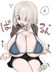 black_shirt blazer blue_bra blush bra breasts brown_eyes brown_jacket cleavage elf embarrassed enon1129 eyes_visible_through_hair female grey_hair hair_between_eyes hair_over_one_eye huge_breasts jacket japanese_text long_hair mole mole_on_breast mole_under_eye open_clothes open_mouth open_shirt original pointy_ears popped_button shirt sitting skindentation solo underwear wardrobe_malfunction white_background white_shirt