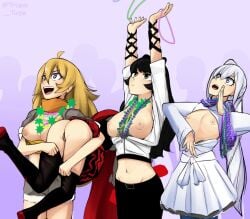 4girls big_breasts black_hair black_hair_female blake_belladonna blonde_female blonde_hair blue_eyes breasts breasts_out busty carrying festive half-dressed half_naked half_naked_female large_breasts long_hair long_hair_female midriff navel nipples public purple_eyes revealing_breasts ruby_rose rwby smile team_rwby tropic_turtle voluptuous weiss_schnee white_hair white_hair_female yang_xiao_long yellow_eyes