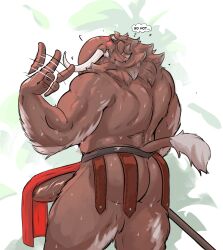 anthro ass back_muscles barazoku biceps big_muscles big_penis biped blush bodily_fluids bottomwear brown_body brown_fur closed_eyes clothed clothed_anthro clothed_male clothing deltoids digital_media_(artwork) dullaram elephantid english_text erection erection_under_loincloth eyebrows facial_hair fanning fanning_self fingers fur genitals grey_body grey_eyebrows grey_facial_hair grey_fur grey_mustache guard humanoid_hands loincloth loincloth_only male male_anthro mammal mammoth manly mature_anthro mature_male motion_lines moustache muscular muscular_anthro muscular_arms muscular_male muul_(dullaram) neck_tuft penis plant portrait prehistoric_species proboscidean proboscis_(anatomy) red_bottomwear red_clothing red_loincloth shaded solo standing sweat tail tail_tuft text thought_bubble three-quarter_portrait three-quarter_view topless topless_anthro topless_male triceps trunk_(anatomy) tuft tusks vein veiny_penis white_tusks
