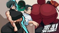 1boy 2d 2d_(artwork) 2girls andrews38369 antennae_(anatomy) anthro areola arthropod belly big_breasts biped blattodean bodily_fluids breasts clothing cockroach curvy_figure female female_focus genitals gif glasses green_hair hi_res insect_girl insects jujutsu_kaisen kurourushi maki_zenin male monster monster_girl multi_arm multi_eye multi_limb multiple_girls pussy red_body red_eyes shaking_ass smug smug_face solo squish sweat teeth thick_thighs twerking vulva yelling yokai yuta_okkotsu zenin_maki