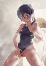 1girls blue_hair blush censored_pussy female lanipa mosaic_censoring peeing ponytail pussy shower standing standing_pee swimsuit swimsuit_aside wet_body
