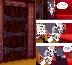 1boy 1girls ball_gag bondage comic dialogue furry hellhound helluva_boss koikatsu loona_(helluva_boss) oc perfect_idiot rope rope_bondage suspended tied_up wolf_ears wolf_girl wolf_tail