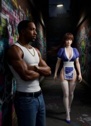 1boy1girl 1girl1boy 3d ai ai_generated alley alleyway arms_crossed asian_female black_male carl_johnson chilling crossover dark-skinned_male dead_or_alive eastern_and_western_character gangster ghetto gold_jewelry graffiti grand_theft_auto grand_theft_auto:_san_andreas heels high_heels interracial jewelry kasumi_(doa) kunoichi leaning_on_wall light-skinned_female los_santos night ninja ninja_gaiden no_sex no_sex_(yet) ponytail short_skirt stockings thong_straps walking wowzerspowzers