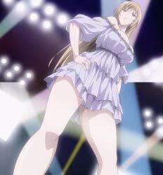 10s 1girls adult adult_female anime_screenshot blonde_hair breasts busty catwalk cleavage dress fashion fashion_model female female_focus female_only frilled_dress from_below hand_on_own_hip ichinose_riko large_breasts legs long_hair looking_down looking_to_the_side model modeling mole mole_under_mouth no_bra no_bra_under_clothes off-shoulder_dress off_shoulder posing posing_for_picture posing_for_the_viewer ran_sem ran_sen_hakudaku_delmo_tsuma_no_miira_tori rin_x_sen_+_ran_-_sem_cross_mix sexy sexy_body sexy_female sexy_pose short_dress solo stage stage_lights stitched supermodel upper_body very_long_hair viewed_from_below voluptuous young_adult young_adult_female