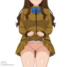 absurdres bow bowtie breasts brown_eyes brown_hair brown_jacket brown_skirt clothes_lift eyes_out_of_frame fate/extra fate_(series) female head_out_of_frame highres jacket justcuyo kishinami_hakuno_(female) long_hair long_sleeves looking_at_viewer medium_breasts no_panties parted_lips pleated_skirt pussy school_uniform sidelocks skirt thighs tsukumihara_academy_uniform_(fate/extra) uncensored