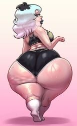 1girls ass big_ass black_lipstick bottom_heavy bubble_butt cellulite clothing crop_top dolphin_shorts emberlynn_pinkle emberlynn_pinkle_(human_form) fat_ass female female_only freckles gluteal_fold goth goth_girl helluva_boss huge_ass large_ass lipstick looking_at_viewer looking_back massive_ass multicolored_hair n-kosi n-kosi_(coloring) png rear_view shorts shortstack socks solo sports_bra sweat sweatdrop sweaty_ass sweaty_body thick_ass thick_thighs thunder_thighs walking wide_hips