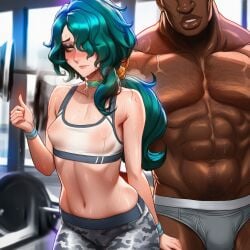 1boy ai ai_assisted ai_generated asking_for_it blush choker dark-skinned_male dark_skin female green_hair gym gym_topwear hwei imminent_sex interracial league_of_legends leggings muscular_male petite petite_body pink_eyes ponytail pretending_to_be_unaware prussia123 rule_63 sexy_body sexy_clothing strong_male training