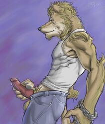 1boy anthro background_pattern canine canine_penis chains clothed cum erection fur furry knot male male_only muscles open_pants penis poking_out shirt sideburns silver_fenrir solo wolf