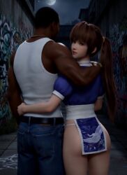 1boy1girl 1girl1boy 3d ai ai_generated alley alleyway arm_around_back arm_around_partner arm_around_shoulder arm_around_shoulders asian_female back_turned back_view black_male carl_johnson crossover dark-skinned_male dead_or_alive eastern_and_western_character gangster ghetto gold_jewelry graffiti grand_theft_auto grand_theft_auto:_san_andreas imminent_sex interracial jewelry kasumi_(doa) kunoichi light-skinned_female looking_at_viewer looking_back los_santos moon nervous nervous_expression nervous_face night ninja ninja_gaiden no_sex no_sex_(yet) ponytail shadows short_skirt stockings thong_strap worried worried_expression worried_face worried_look wowzerspowzers