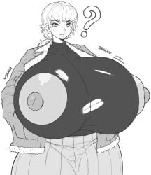 ? big_breasts big_nipples bomber_jacket cleavage confused fear_and_hunger fear_and_hunger:_termina female female_only gigantic_breasts huge_breasts hyper hyper_breasts karin_(fear_and_hunger) large_areolae looking_at_viewer nipples ponytail puffy_nipples sweater thanuki torn_clothes turtleneck turtleneck_sweater wardrobe_malfunction wide_hips