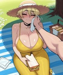 11_22 :3 ai_generated big_breasts black_choker blonde_hair blue_eyes blush choker closed_eyes day dress eating female flower from_above genderswap_(mtf) huge_breasts kris_(11_22) large_breasts oc original original_character outdoors picnic rule_63 short_hair smile straw_hat sun_hat sundress sweat thick_thighs tomboy tree wholesome wide_hips wiping_mouth yellow_dress