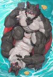 abs ahoge anthro barazoku beard big_muscles big_pecs bodily_fluids brother_(lore) brothers_(lore) bulge bulge_frottage canid canine canis cellphone chest_tuft cigarette claws clive_the_wolf_(uriex) clothing detailed_bulge duo electronics facial_hair facial_markings forehead_markings hair head_markings hi_res holding_cellphone holding_object holding_phone inflatable inner_tube jewelry looking_at_another looking_at_partner looking_at_viewer male male/male mammal markings mostly_nude muscular muscular_arms muscular_legs muscular_male necklace nipples pecs phone pubes ring_necklace rubber_duck shirt sibling_(lore) sitting smoking sweat tank_top topwear tuft uriex water wolf
