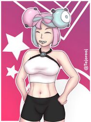 1girls belly belly_button big_breasts blue_hair female female_only game_freak gym_leader iono_(pokemon) nintendo nintendo_switch pink_hair pokemon pokemon_sv sharp_teeth shorts simple_background smiling solo solo_female tejorooj thick_thighs