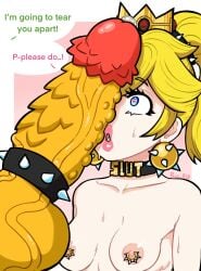 1boy 1girls blonde blonde_female blonde_hair bowser choker cock_ring dialogue dick_sucking_lips ear_piercing earrings english_text female heart imminent_sex lipstick looking_at_penis loving_gaze mario_(series) nipple_piercing pace_r18 penis penis_awe penis_on_face perky_breasts princess_peach small_breasts speech_bubble sweat tagme text