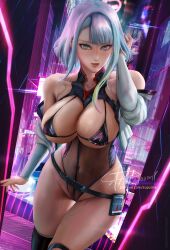 1girls 2022 big_breasts bulging_breasts cd_projekt_red cyberpunk:_edgerunners cyberpunk_2077 erect_nipples looking_at_viewer lucyna_kushinada nipple_bulge short_hair studio_trigger supullim tagme thong white_hair