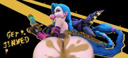 1girls 3d absurd_res ass big_ass blue_hair bottomless braids bubble_gum clothed clothing fart fart_cloud fart_fetish female female_focus female_only huge_ass jinx_(league_of_legends) league_of_legends looking_at_viewer looking_back pale_skin pink_eyes pistol riot_games source_filmmaker thordersfm wallpaper wide_hips