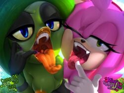 2d 2girls alien amy_rose blue_eyes breasts deadly_six dialogue eulipotyphlan fangs female female_only green_eyes hedgehog humanoid long_tongue looking_at_viewer mammal mouth_fetish multiple_girls open_mouth orange_lips purple_nails saliva saliva_string saliva_trail sega sonic_(series) sonic_lost_world sonic_the_hedgehog_(series) text theboogie uvula zeena zeti zeti_(species)