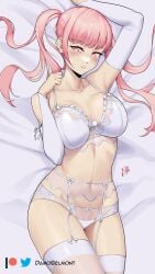 1girls arm_up bangs bare_shoulders bed_sheet blush bra breasts commentary commission cowboy_shot damodar detached_sleeves female female_only fire_emblem fire_emblem:_three_houses garter_belt hand_up highres hilda_valentine_goneril large_breasts long_hair long_sleeves looking_at_viewer lying navel nintendo on_back panties parted_lips pink_eyes pink_hair solo stomach thighhighs thighs twintails underwear white_bra white_panties white_thighhighs