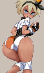 1girls ass ass_focus back back_view bea_(pokemon) blue_eyes breasts brown_skin bubble_butt dark-skinned_female dark_skin female game_freak gym_leader hips large_ass large_breasts looking_at_viewer nintendo pokemon pokemon_ss short_hair slim_waist sportswear thelorope wide_hips