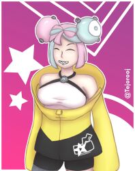 big_breasts blue_hair coat game_freak iono_(pokemon) nintendo nintendo_switch pink_hair pokemon pokemon_sv sharp_teeth simple_background smiling tejorooj thick_thighs