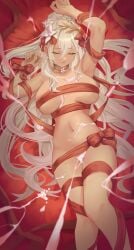 1girls armpits braid closed_eyes closed_mouth copyright_request female flower hair_flower hair_ornament highres long_hair lying naked_ribbon navel nev_(nevblindarts) on_back red_ribbon ribbon suggestive_fluid white_hair