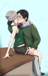 1boy 1girls ass_grab blushing dbd dead_by_daylight fully_clothed hat jake_park kissing love nea_karlsson on_table shorts