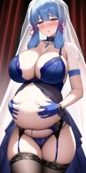 ai_generated armband big_breasts blue_hair blush bridal_veil bride cleavage exposed_pregnant_belly female female_only garter_belt garter_straps genshin_impact gloves half-closed_eyes hands_on_belly holding_belly hoyoverse huge_breasts inazuma_girls kamisato_ayaka lace-trimmed_thighhighs lingerie looking_at_viewer mihoyo mihoyo_technology_(shanghai)_co._ltd. nai_diffusion panties pregnant pregnant_belly pregnant_female solo stable_diffusion stockings sweat thick_thighs thighhighs veil wedding_dress wedding_lingerie zettai_ryouiki