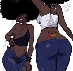 1girls afro ass breasts clothed dark-skinned_female dark_skin female_only flashing human humanized inanimate_insanity jeans kint looking_at_viewer microphone_(ii) navel nipple_piercing nipples object_shows one_breast_out small_breasts smile solo tattoo unbuttoned_shorts white_background wide_hips