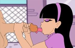 1boy 1girls 2d anonymanonymus black_hair cock diadem dick eyes_closed fellatio fringe huge_cock licking_penis nsfw on_knees oral partial_male penis preppy purple_eyeshadow straight_hair teenager the_fairly_oddparents tongue_out trixie_tang