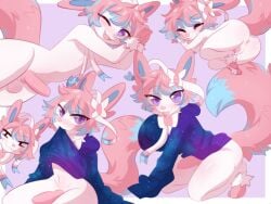 4:3 animal_genitalia animal_penis anthro anus aoizuri ass balls bottomless canine_penis clothed clothing eeveelution erection femboy fluffy fluffy_tail generation_6_pokemon genitals girly looking_at_viewer male male_only male_sylveon nintendo penis pink_body pokemon pokemon_(species) pokemorph purple_eyes sleeves_past_wrists solo sylveon video_games