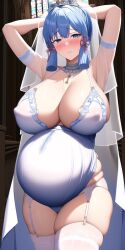 ai_generated armbands armpits arms_up big_breasts blue_eyes blue_hair blush bridal_veil bride cleavage female female_only garter_belt garter_straps genshin_impact huge_breasts inazuma_girls kamisato_ayaka leotard lingerie looking_at_viewer nai_diffusion necklace nipple_bulge pregnant solo stable_diffusion sweatdrop thick_thighs thighhighs veil wedding_dress wedding_lingerie white_legwear white_leotard white_thighhighs zettai_ryouiki