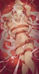 armpits braid closed_eyes closed_mouth copyright_request female flower hair_flower hair_ornament highres long_hair lying naked_ribbon navel nev_(nevblindarts) on_back red_ribbon revision ribbon suggestive_fluid white_hair