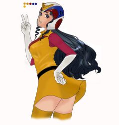 1girls ass_cheeks blue_hair dark_eyes dark_hair female helmet looking_back looking_over_shoulder megumi_oka peace_sign voltes_v whin whin_(artist) whin_chlores yellow_legwear yellow_skirt