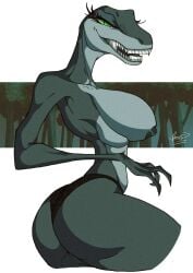 anthro ass big_breasts big_butt black_clothing black_lingerie black_thong black_underwear breasts claws clothing dinosaur dromaeosaurid eyelashes female female/female forest forest_background green_eyes grey_body hi_res lingerie nature nature_background nipples plant pose presenting presenting_hindquarters rentressy reptile scalie smile smiling_at_viewer solo tagme_(artist) teeth_showing theropod thick_eyelashes thick_thighs thong tree underwear velociraptor waist