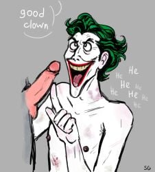 batjokes batman blood blowjob bruise bruised bruises clown clown_boy clown_makeup dc dc_comics garrett_strangelove gay green_hair joker male male_only penis saliva saliva_drip saliva_on_penis saliva_on_tongue saliva_trail scar scared scars tongue tongue_out white_body white_skin