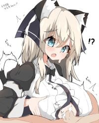 1boy anime_style blue_eyes blush boob_window bowtie cum cum_drip cum_on_breasts cute female fox_ears fox_girl fox_tail japanese_text looking_at_partner maid maid_uniform original original_character paizuri paizuri_under_clothes spy_artservice surprised sweat tail titfuck_under_clothes titjob veil white_hair