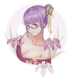 alternate_costume bangs blunt_bangs breasts bust butterfly_hair_ornament cleavage female female_only gintama glasses hair_bun hair_ornament heart-shaped_pupils kimono large_breasts looking_at_viewer no_bra off_shoulder open_kimono purple_eyes purple_hair red-framed_glasses sarutobi_ayame smile solo