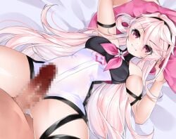 1boy 1girls black_hairband censored closed_mouth elsword eternity_winner_(elsword) female hairband imminent_penetration laby_(elsword) light-skinned_female light-skinned_male light_skin long_hair looking_at_viewer lying mosaic_censoring on_back penis pillow pillow_grab pink_eyes pink_hair shorts smile spread_legs straight sula_(s_ra760) white_shorts