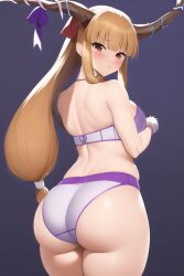 ai_generated ass bare_shoulders blush bodysuit bow bra breasts female female_only from_behind from_below horns huge_ass long_hair looking_at_viewer nai_diffusion orange_hair panties red_eyes shiny shiny_hair shiny_skin sideboob solo stable_diffusion suika_ibuki touhou very_long_hair