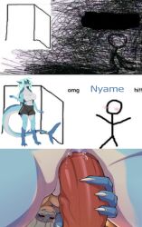 1boy1girl 2022 ambiguous_fluids anal anal_sex anthro bandage blush brolaren clothed clothing dragon duo female fish human humanoid ilot male male/female mammal marine meme nyame_(gabriel1393) omg_hi! original original_character penetration penis pussy shark smile smirk stick_figure