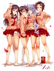 4girls bare_legs barefoot black_hair breast_size_difference canon_genderswap curly_hair dark_hair eye_patch female female_only food full_body genderswap_(mtf) gintama gintoki_sakata green_eyes hand_on_hip joui_4 katsura_kotarou long_hair looking_at_viewer looking_back miniskirt official_alternate_costume panties pantyshot pocky pout product_placement red_eyes rule_63 sakamoto_tatsuma school_uniform schoolgirl serafuku short_hair silver_hair smile standing sweater takasugi_shinsuke twintails upskirt very_short_hair white_panties