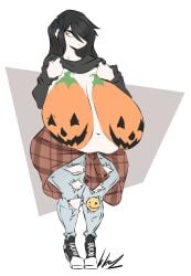 big_breasts black_hair bodypaint breast_grab dullvivid exposed_breasts female hair_over_one_eye lara_ravencroft pumpkin_boobs ripped_clothing