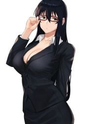 1girls alternate_costume arm_up bangs bespectacled big_breasts black_bra black_hair black_jacket black_skirt bra breasts business_suit business_woman cleavage collared_shirt curvy curvy_body curvy_female curvy_figure female female_focus female_only formal formal_clothes formal_wear frills glasses green_eyes hair_between_eyes holding holding_eyewear holding_object huge_breasts j@ck jacket kagari_ayaka large_breasts light-skinned_female light_skin long_hair looking_to_the_side office_lady only_female pale-skinned_female pale_skin serious_look shirt sidelocks simple_background skirt skirt_suit solo solo_female solo_focus suit underwear white_background white_shirt witch_craft_works