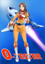 1girls 2019 aircraft akiniina blue_eyes breasts brown_hair collar helmet holding_helmet jumpsuit lisa_(zero_tester) looking_at_viewer orange_legwear simple_background studded_collar text tight_clothing white_boots white_gloves zero_tester