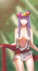 cleavage female female_only flower_crown gintama glasses_removed japanese_clothes lace-trimmed_panties long_hair looking_at_viewer medium_breasts mole_under_eye no_bra open_clothes open_shirt panties purple_eyes purple_hair sarutobi_ayame sleeveless smile solo tora_yama undressing white_panties