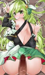 1boy ass back_cutout black_hairband black_sleeves bow breasts censored closed_mouth clothing_cutout detached_sleeves elsword female frills green_eyes green_hair green_skirt hair_ornament hairband imminent_penetration juliet_sleeves large_breasts long_hair long_sleeves looking_at_viewer looking_back mosaic_censoring no_panties penis puffy_sleeves rena_erindel skirt smile straight sula_(s_ra760) tale_spinner_(elsword) white_bow