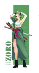 1girls armpits arms_behind_head arms_up bandage bandages bandages_around_breasts bandages_around_chest black_shoes breasts chest_wraps earrings female female_focus female_only genderswap_(mtf) green_hair green_outfit hands_up k164 light-skinned_female light_skin long_hair looking_at_viewer mouth_closed one_eye_closed one_piece roronoa_zoro rule_63 scar scar_on_chest skinny small_breasts solo solo_female solo_focus sword weapon